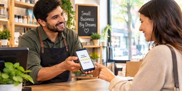 Local business owner receiving a five star review from a happy customer