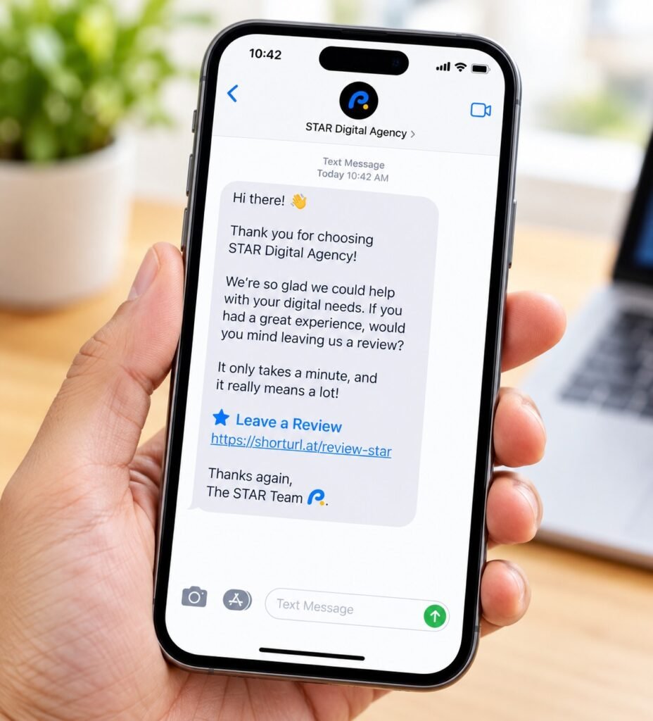 Text message asking a customer for a review with a direct link