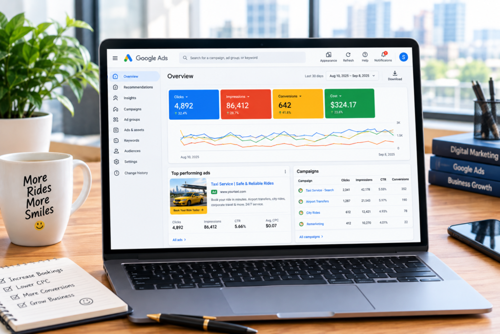 Google Ads campaign dashboard for a taxi business