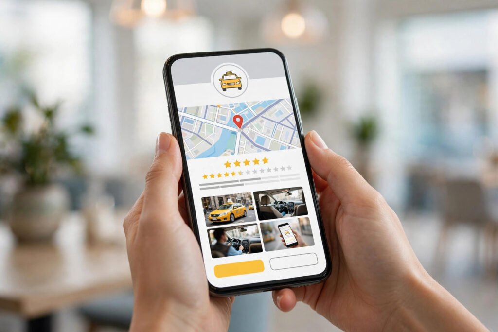 Optimized Google Business Profile for a taxi company showing map, reviews and photos