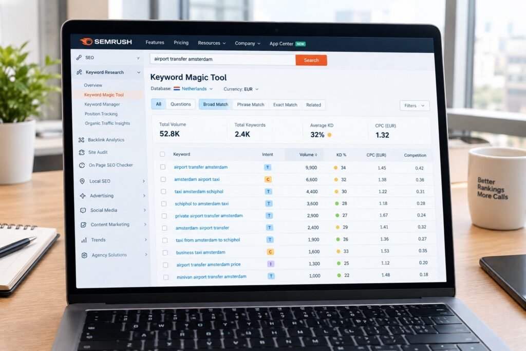 Keyword research tool showing transportation business search terms