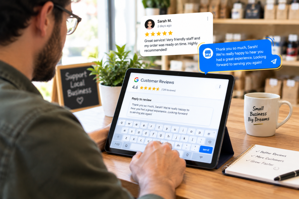 Business owner responding to Google Business Profile reviews