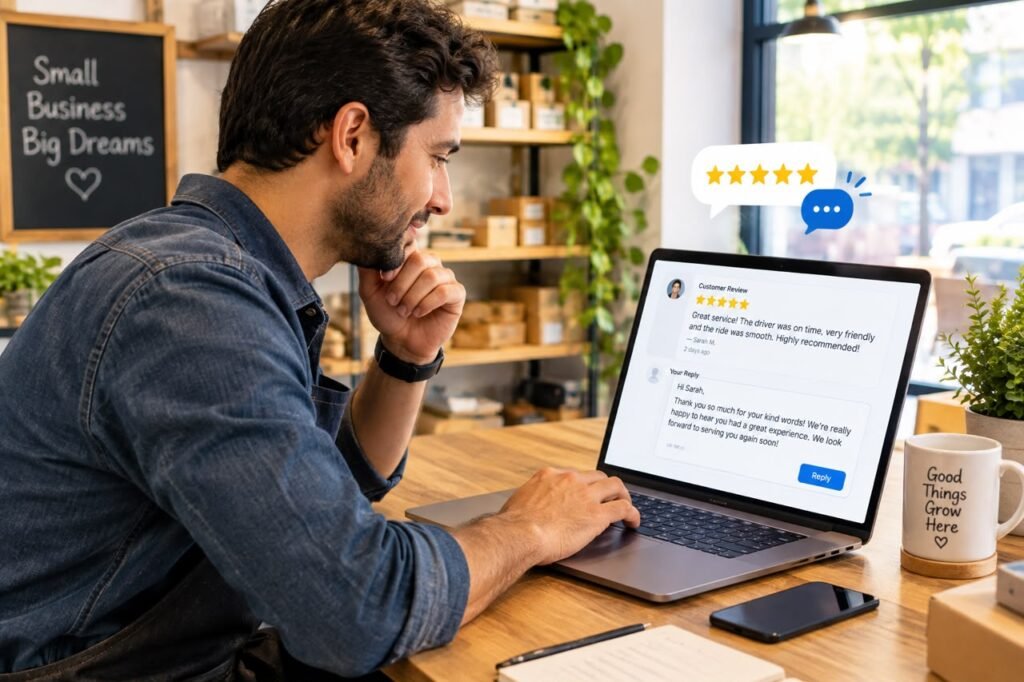 Business owner replying to customer reviews to build trust