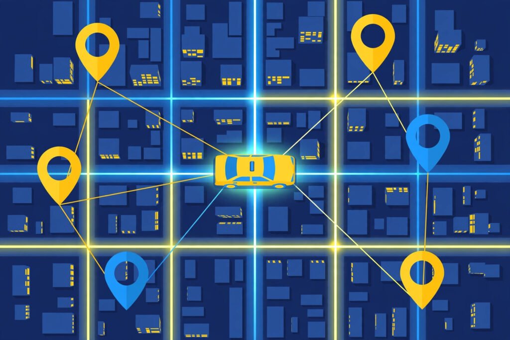 Local SEO strategy map with taxi routes and location pins