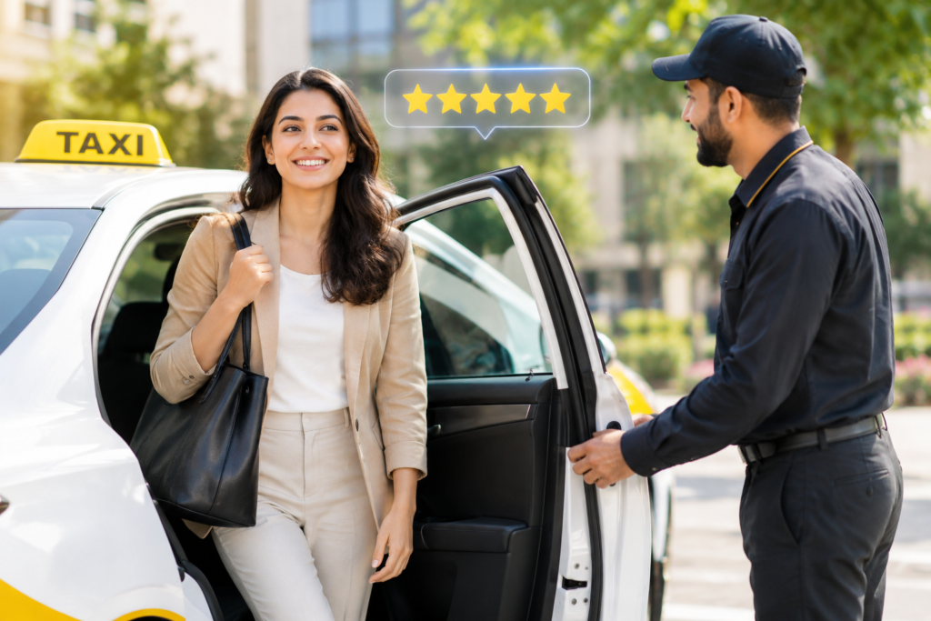 Happy taxi customer leaving a five star review for local SEO