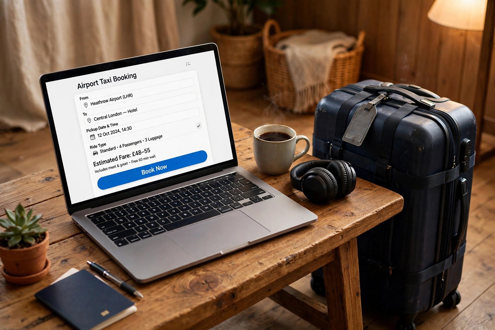 Airport taxi booking website open on a laptop